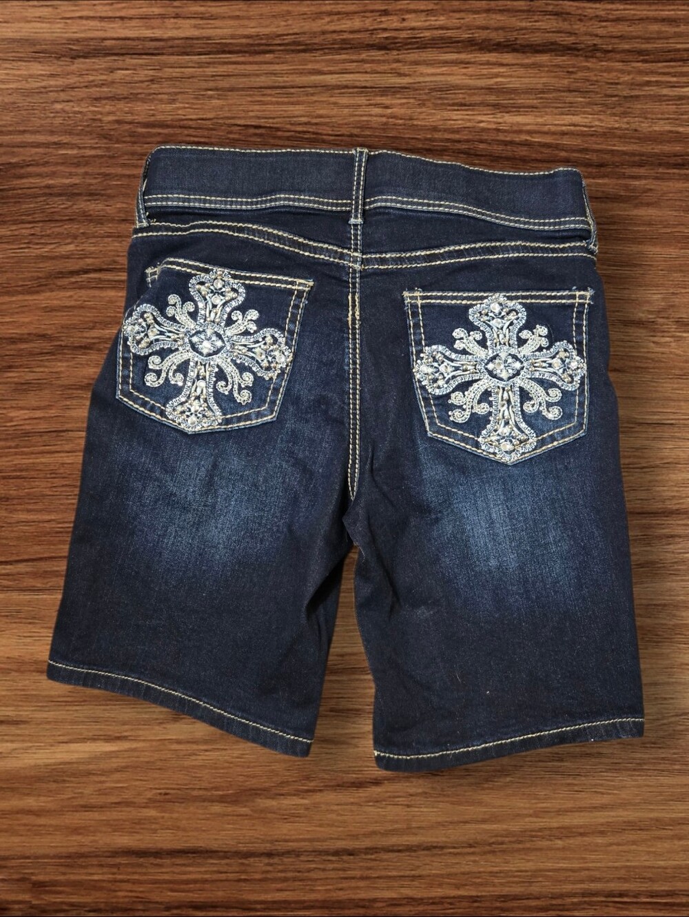 Apt. 9 Dark Blue Denim Shorts With Y2K Style Rhinestone Pockets